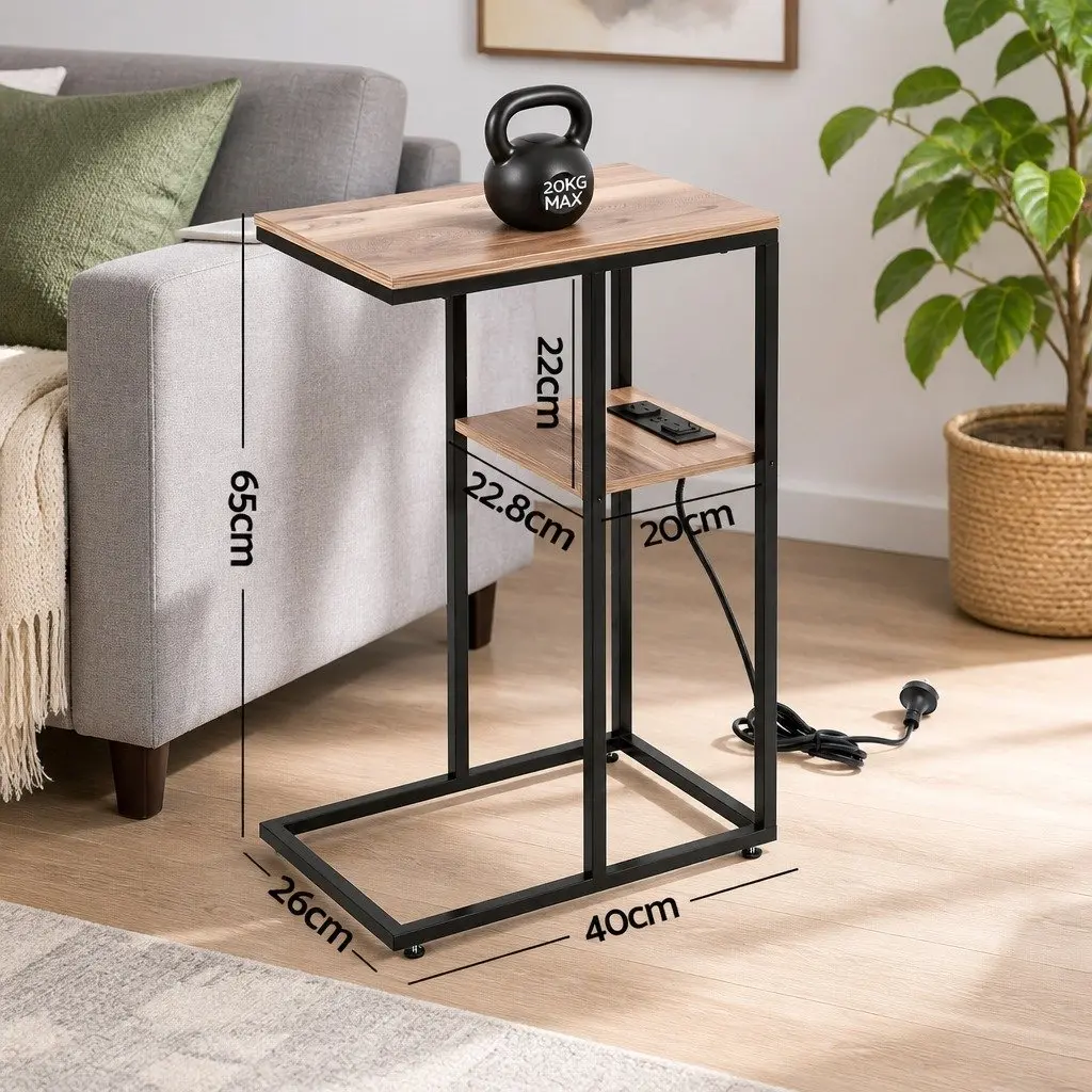 C-Shaped End Table Charging Station 2-Tier Nightstand 40cm x 26cm x 65cm Wood and Black