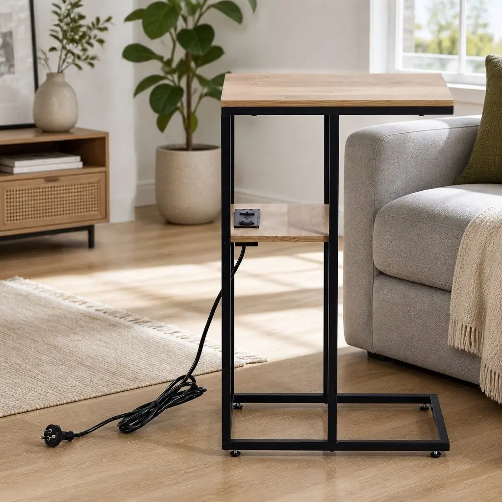 C-Shaped End Table Charging Station 2-Tier Nightstand 40cm x 26cm x 65cm Wood and Black