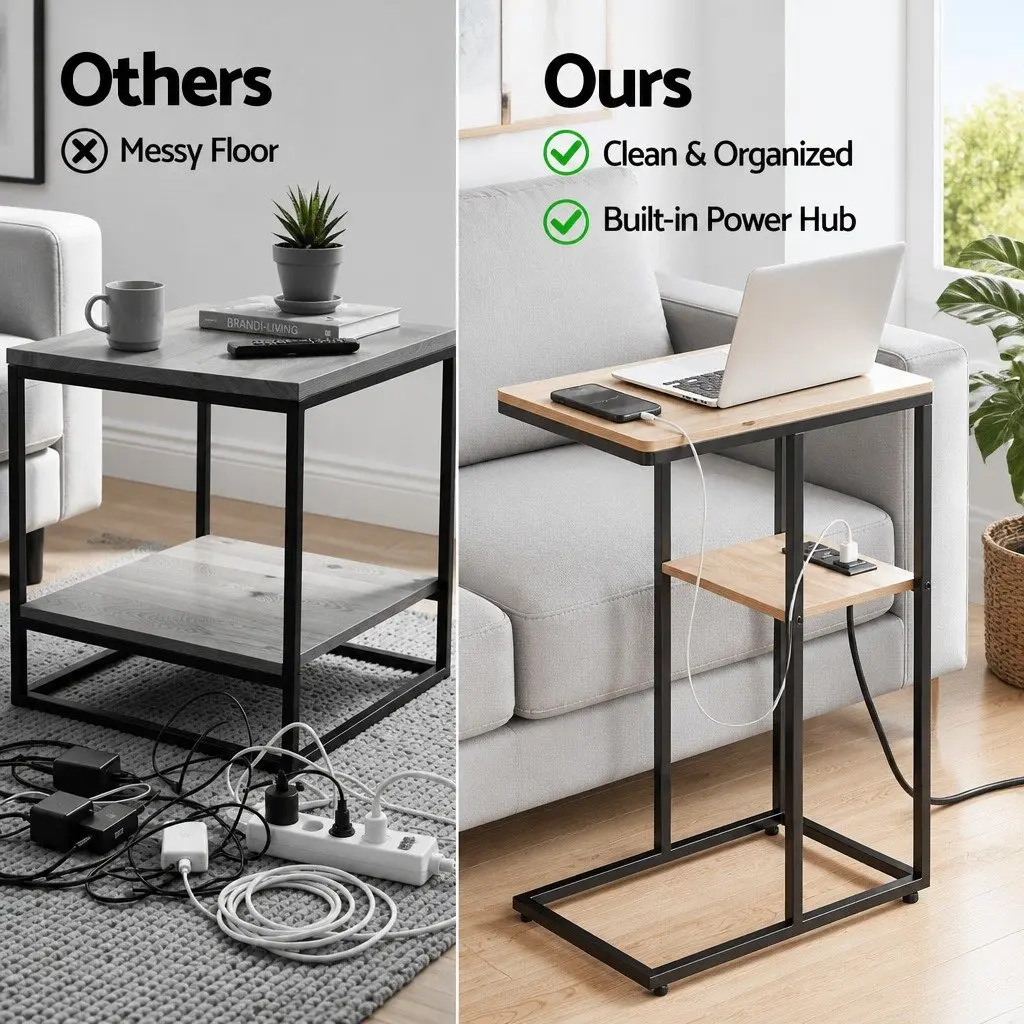 C-Shaped End Table Charging Station 2-Tier Nightstand 40cm x 26cm x 65cm Wood and Black
