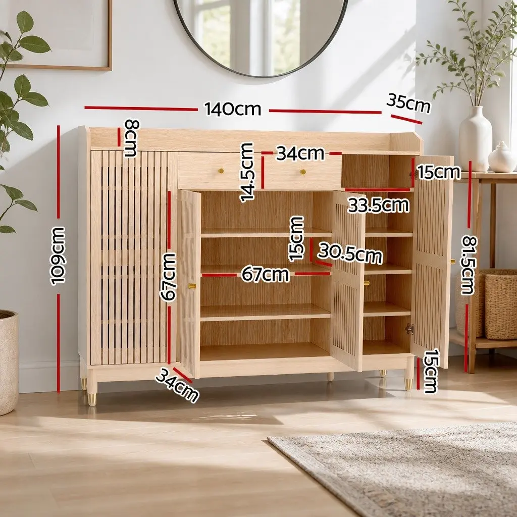 Shoe Storage Cabinet with Adjustable Shelves for 26 Pairs Featuring Pine Wood Legs and Ventilated Doors with Pull-Out Drawers
