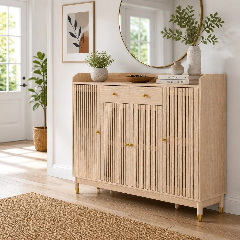 Shoe Storage Cabinet with Adjustable Shelves for 26 Pairs Featuring Pine Wood Legs and Ventilated Doors with Pull-Out Drawers