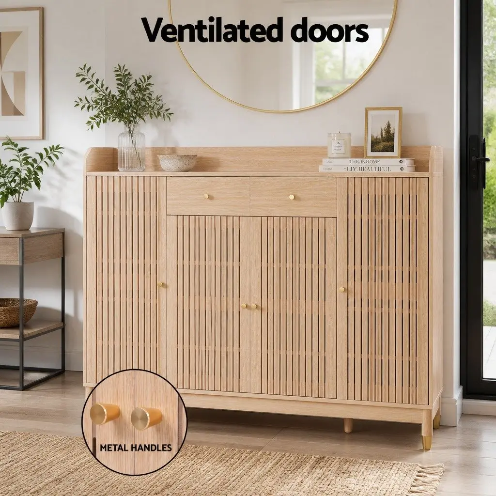Shoe Storage Cabinet with Adjustable Shelves for 26 Pairs Featuring Pine Wood Legs and Ventilated Doors with Pull-Out Drawers