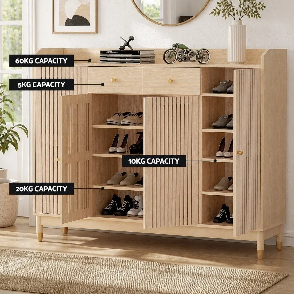 Shoe Storage Cabinet with Adjustable Shelves for 26 Pairs Featuring Pine Wood Legs and Ventilated Doors with Pull-Out Drawers