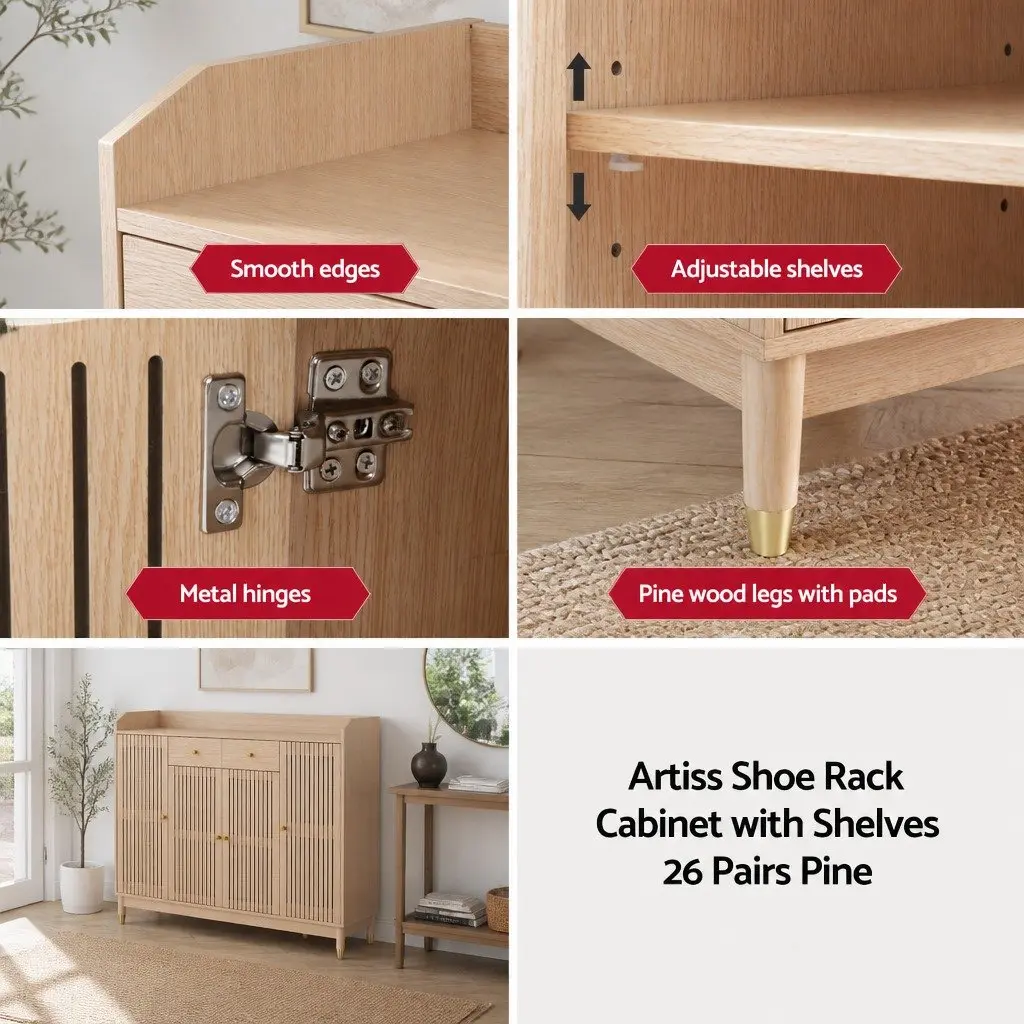 Shoe Storage Cabinet with Adjustable Shelves for 26 Pairs Featuring Pine Wood Legs and Ventilated Doors with Pull-Out Drawers