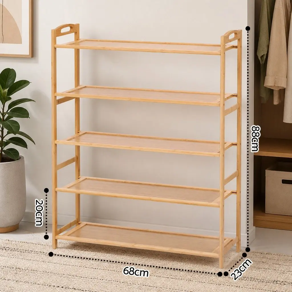 5 Tier Bamboo Shoe Storage Rack Open Organizer Pine Color Entryway Closet