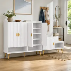 Shoe Cabinet Bench Set White 10 Tier Adjustable Shelves Hallway Storage