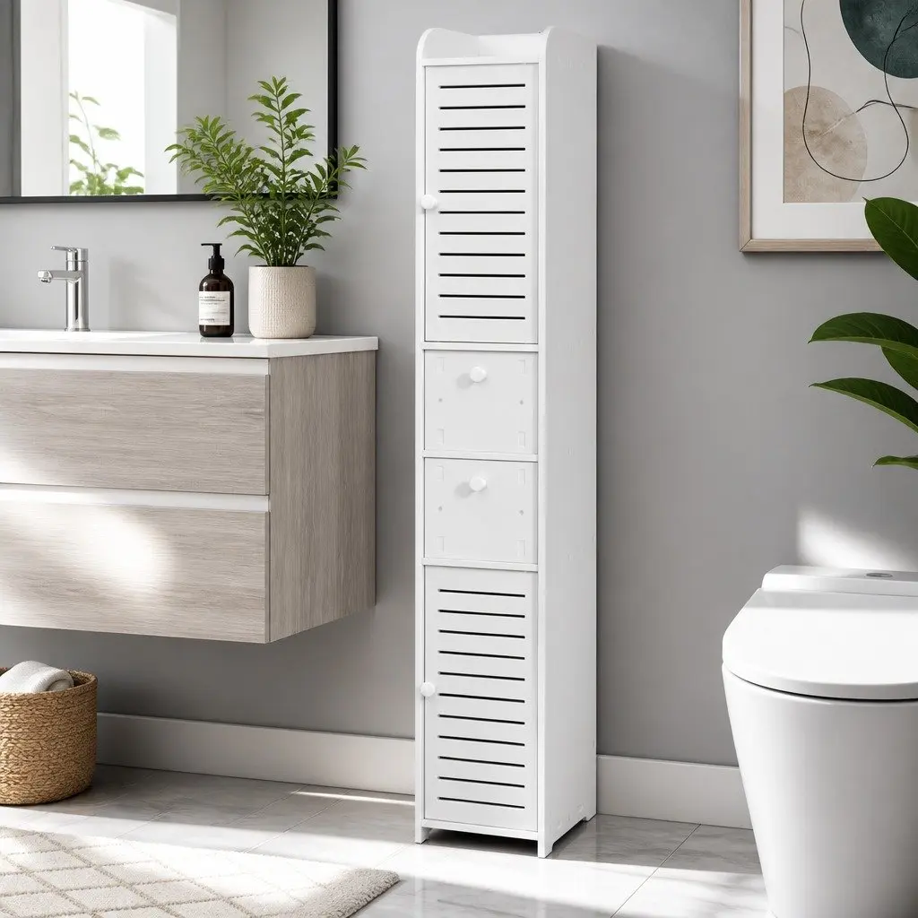 Slim White Bathroom Cupboard Storage Cabinet Corner Laundry Tallboy 20cm W x 25cm D x 118cm H