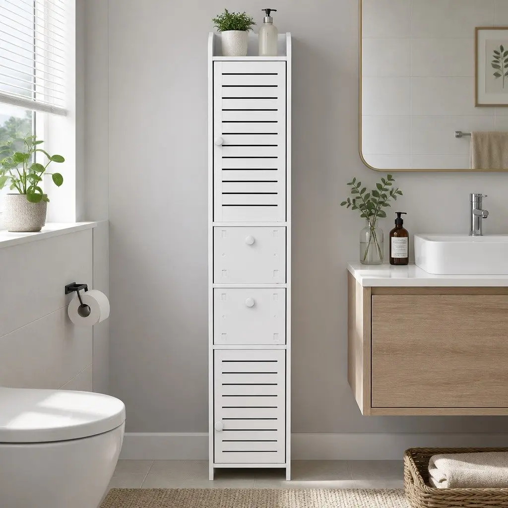 Slim White Bathroom Cupboard Storage Cabinet Corner Laundry Tallboy 20cm W x 25cm D x 118cm H