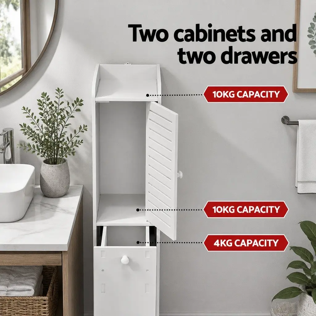 Slim White Bathroom Cupboard Storage Cabinet Corner Laundry Tallboy 20cm W x 25cm D x 118cm H