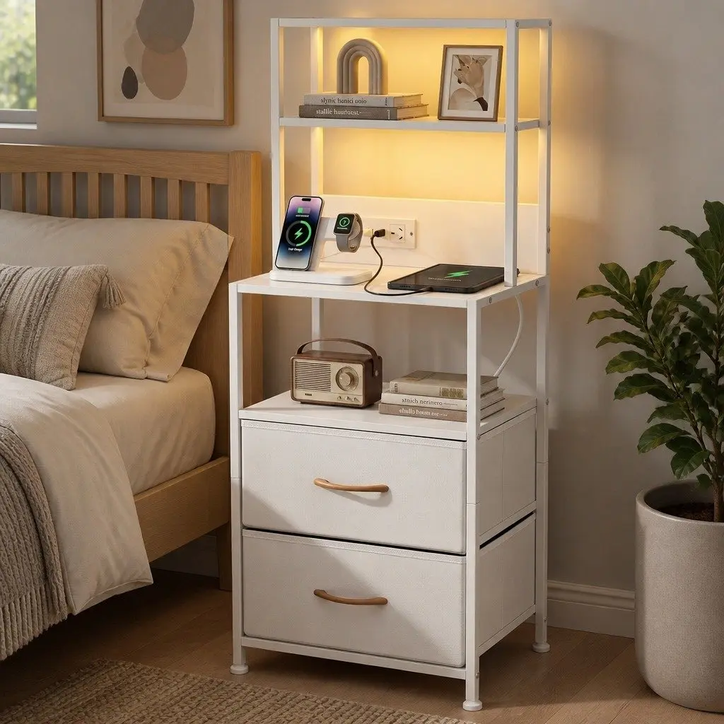 Bedside Table Nightstand with Charging Station LED Drawers White Storage Cabinet