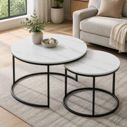 Nesting Coffee Table Set of 2 Marble Effect Black White Living Room Furniture