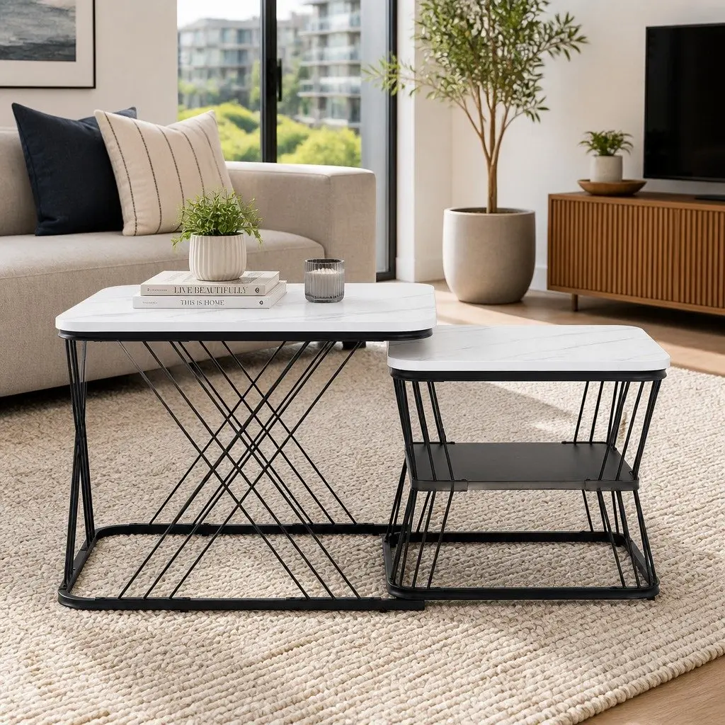 Nesting Coffee Table Set of 2 Marble Effect Modern Living Room Side Tables
