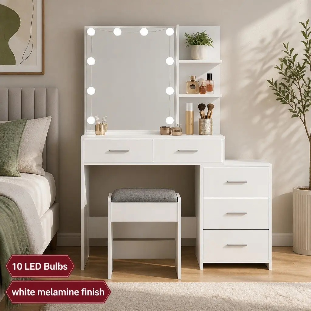 Dressing Table Set LED Makeup Mirror Stool White Vanity Storage Drawers 9 Piece