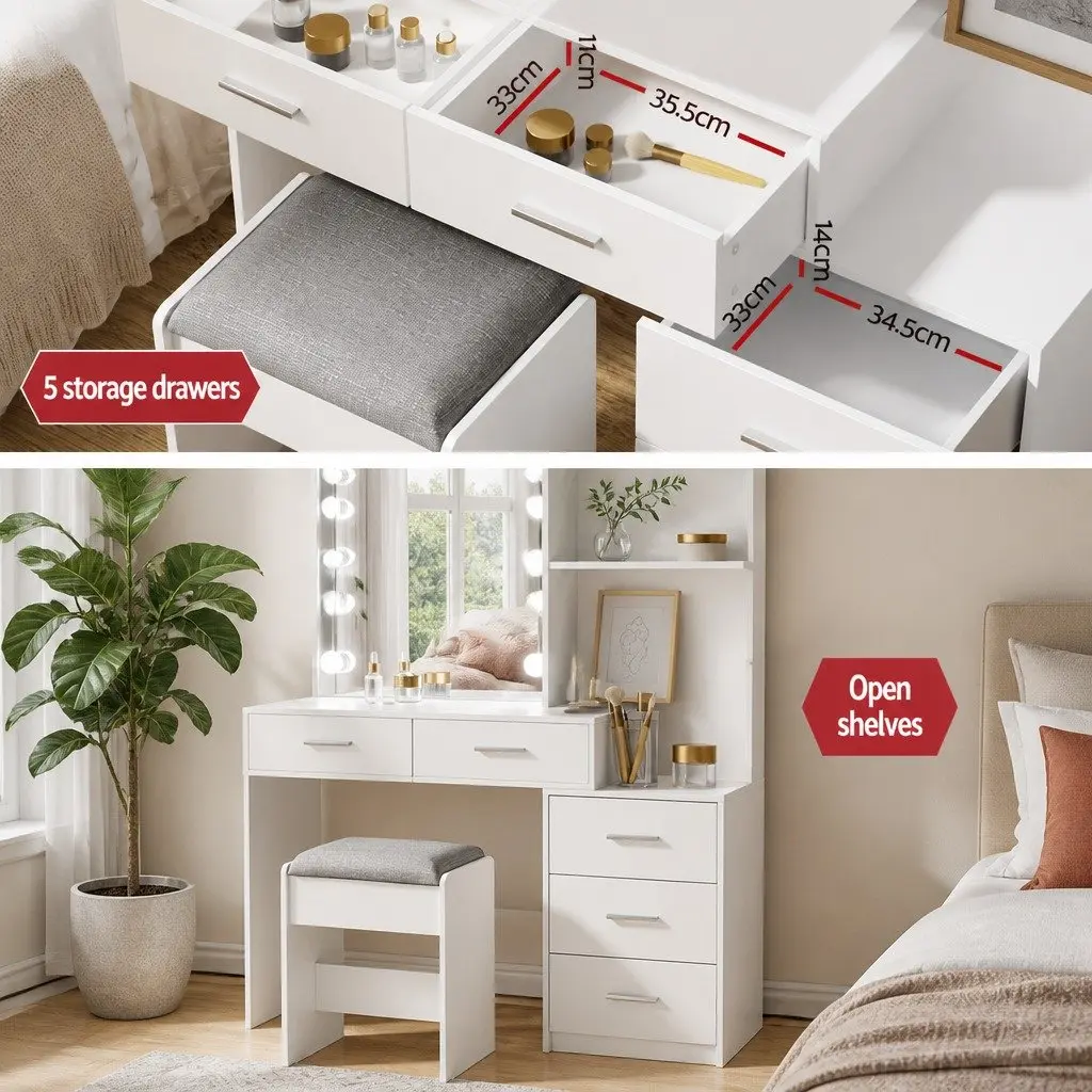 Dressing Table Set LED Makeup Mirror Stool White Vanity Storage Drawers 9 Piece