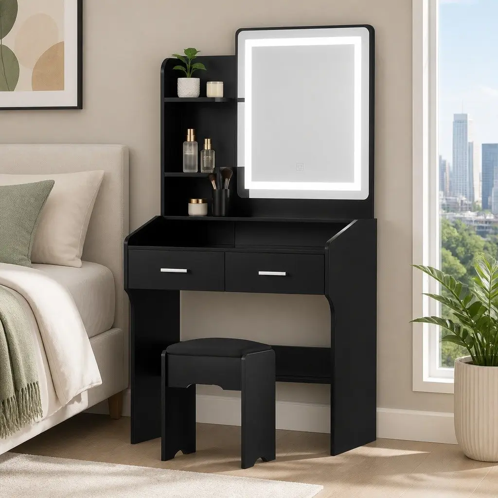 Dressing Table Set with Stool LED Hollywood Makeup Mirror Black Bedroom Vanity
