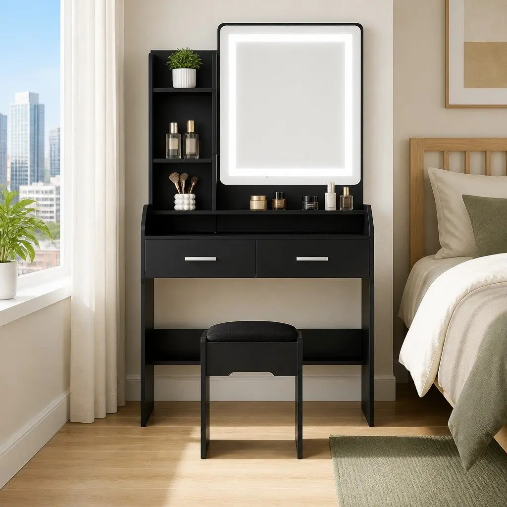 Dressing Table Set with Stool LED Hollywood Makeup Mirror Black Bedroom Vanity