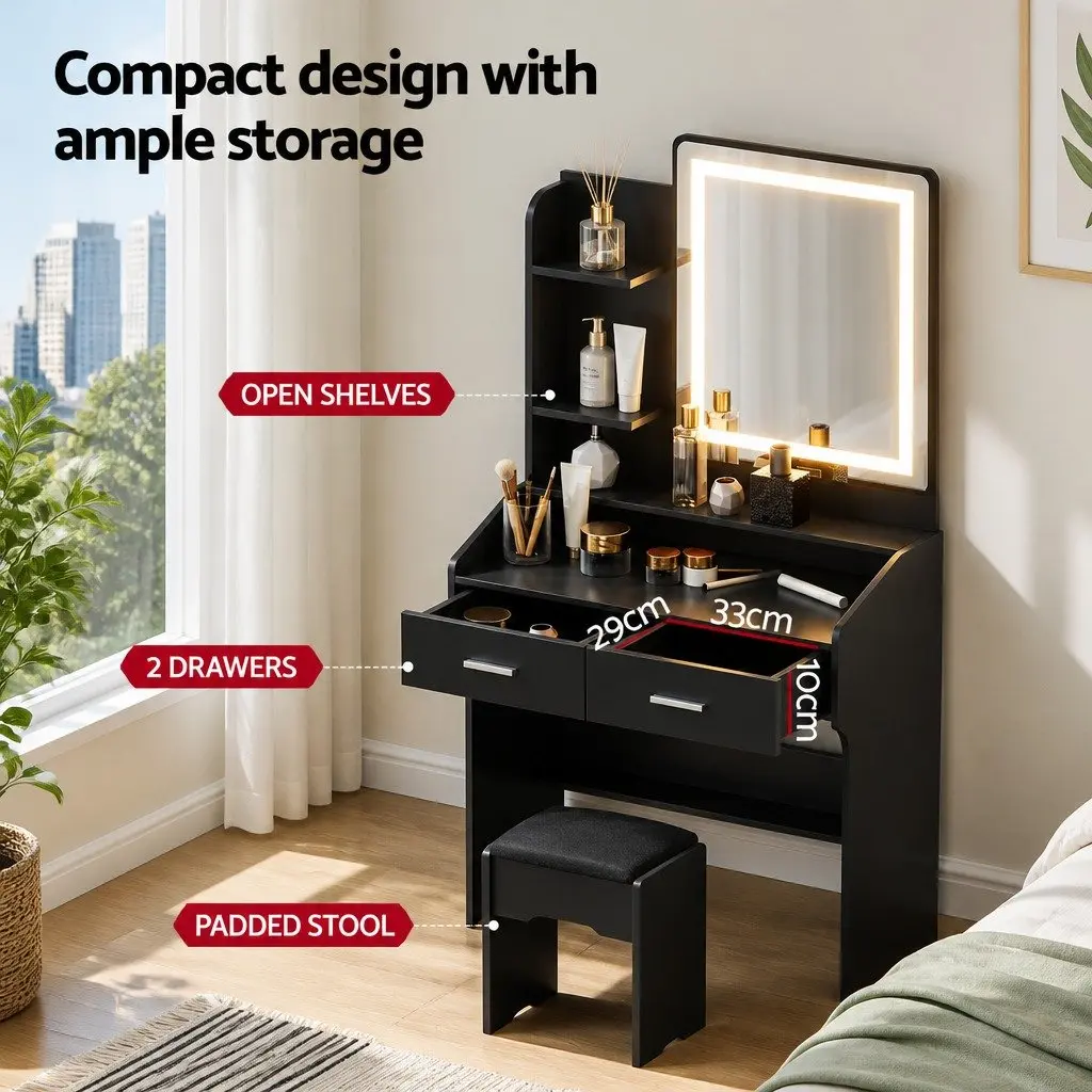 Dressing Table Set with Stool LED Hollywood Makeup Mirror Black Bedroom Vanity