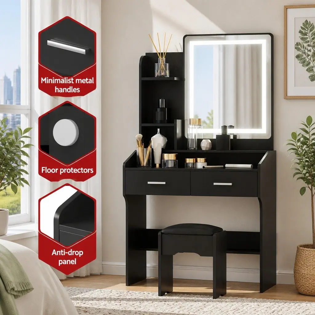 Dressing Table Set with Stool LED Hollywood Makeup Mirror Black Bedroom Vanity