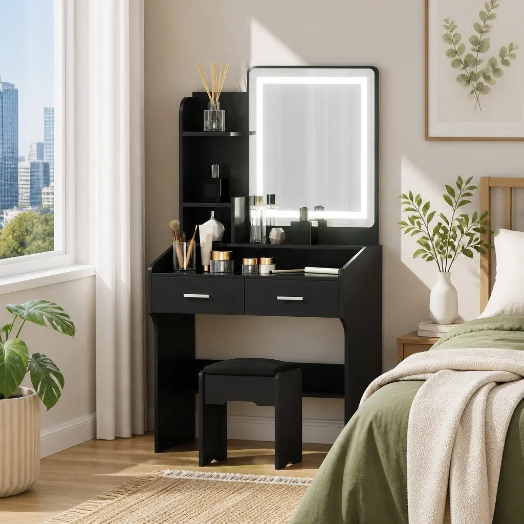 Dressing Table Set with Stool LED Hollywood Makeup Mirror Black Bedroom Vanity