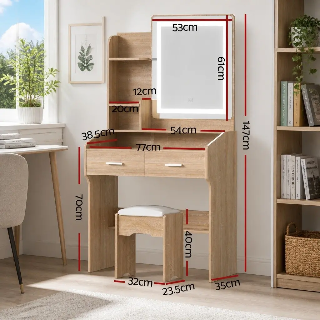 Dressing Table Set LED Mirror Makeup Desk Stool Black Wood 77cm x 35cm x 147cm