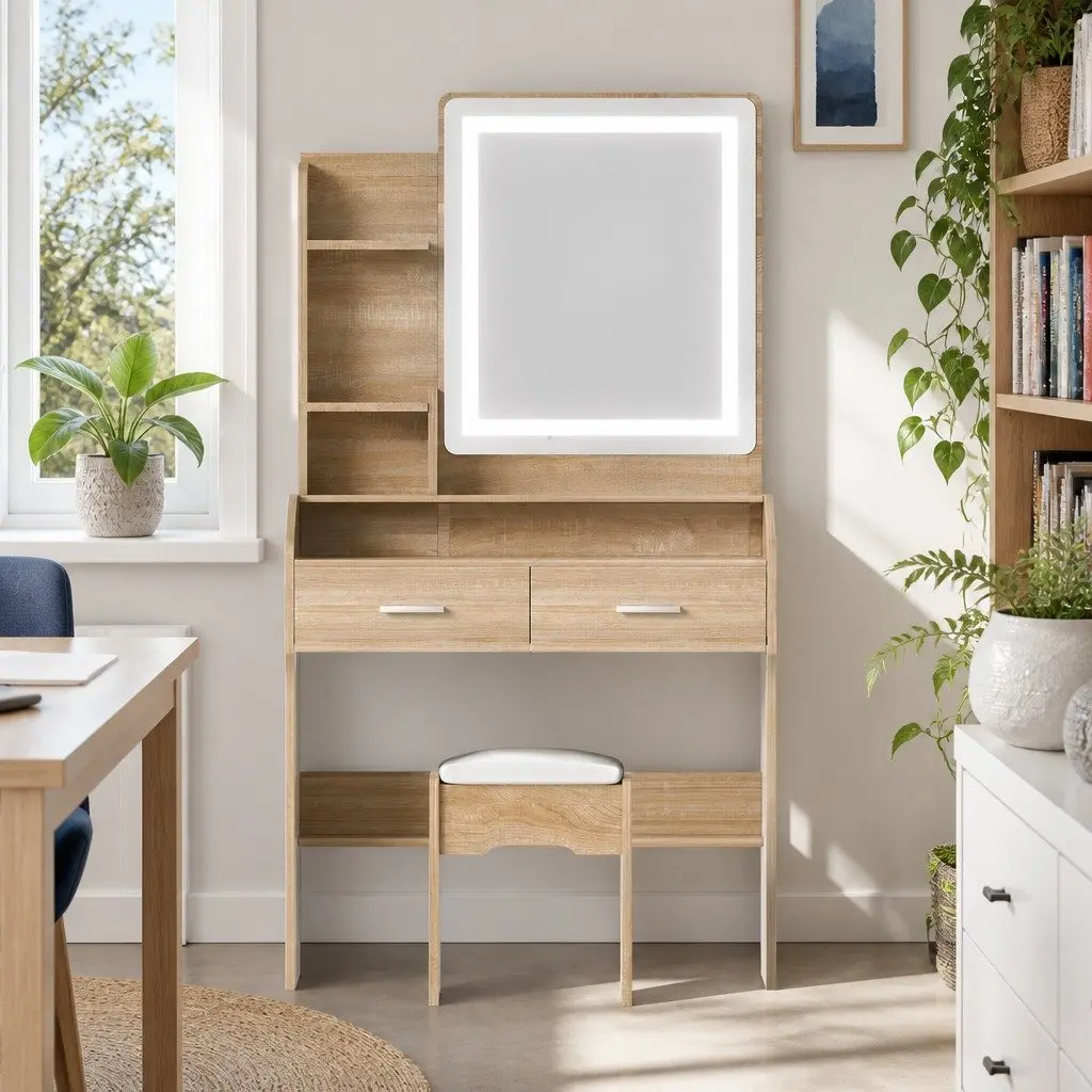 Dressing Table Set LED Mirror Makeup Desk Stool Black Wood 77cm x 35cm x 147cm