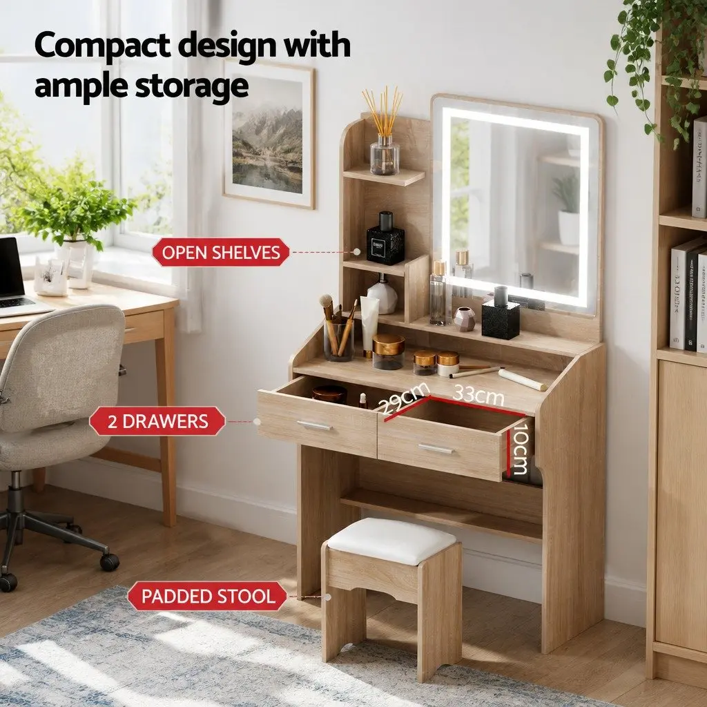 Dressing Table Set LED Mirror Makeup Desk Stool Black Wood 77cm x 35cm x 147cm