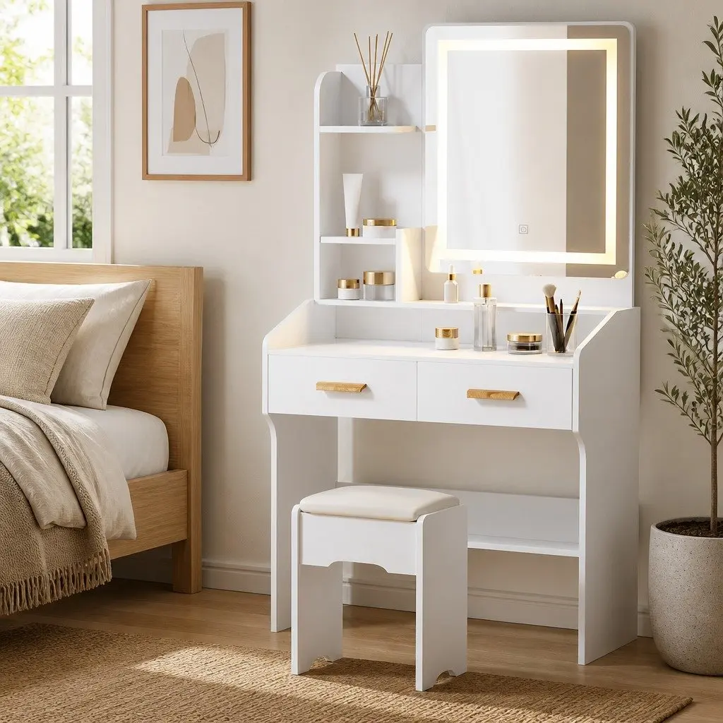 Dressing Table Set Makeup Vanity Desk LED Hollywood Mirror White with Stool