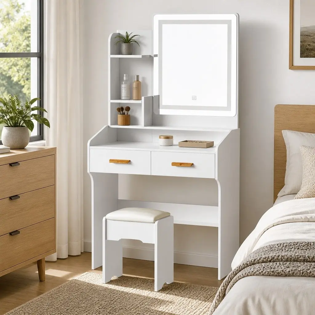 Dressing Table Set Makeup Vanity Desk LED Hollywood Mirror White with Stool