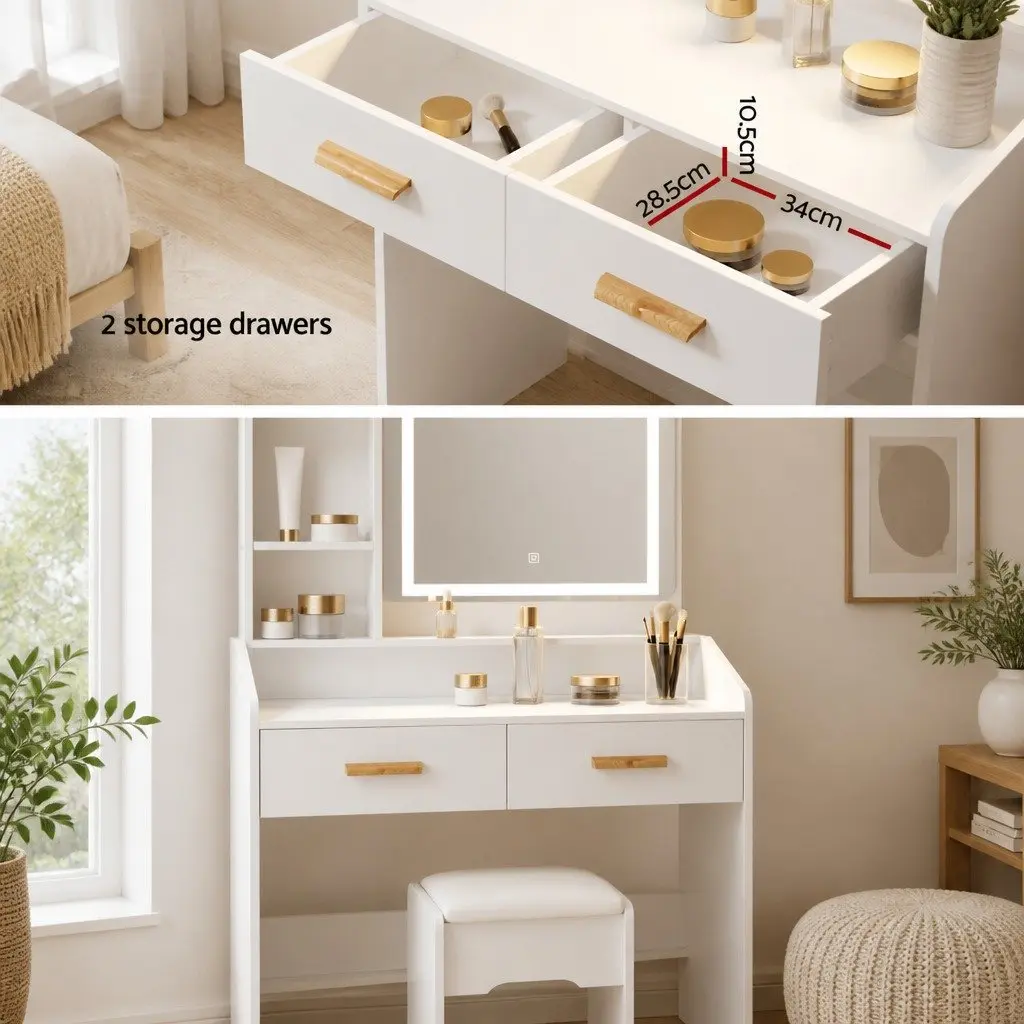 Dressing Table Set Makeup Vanity Desk LED Hollywood Mirror White with Stool