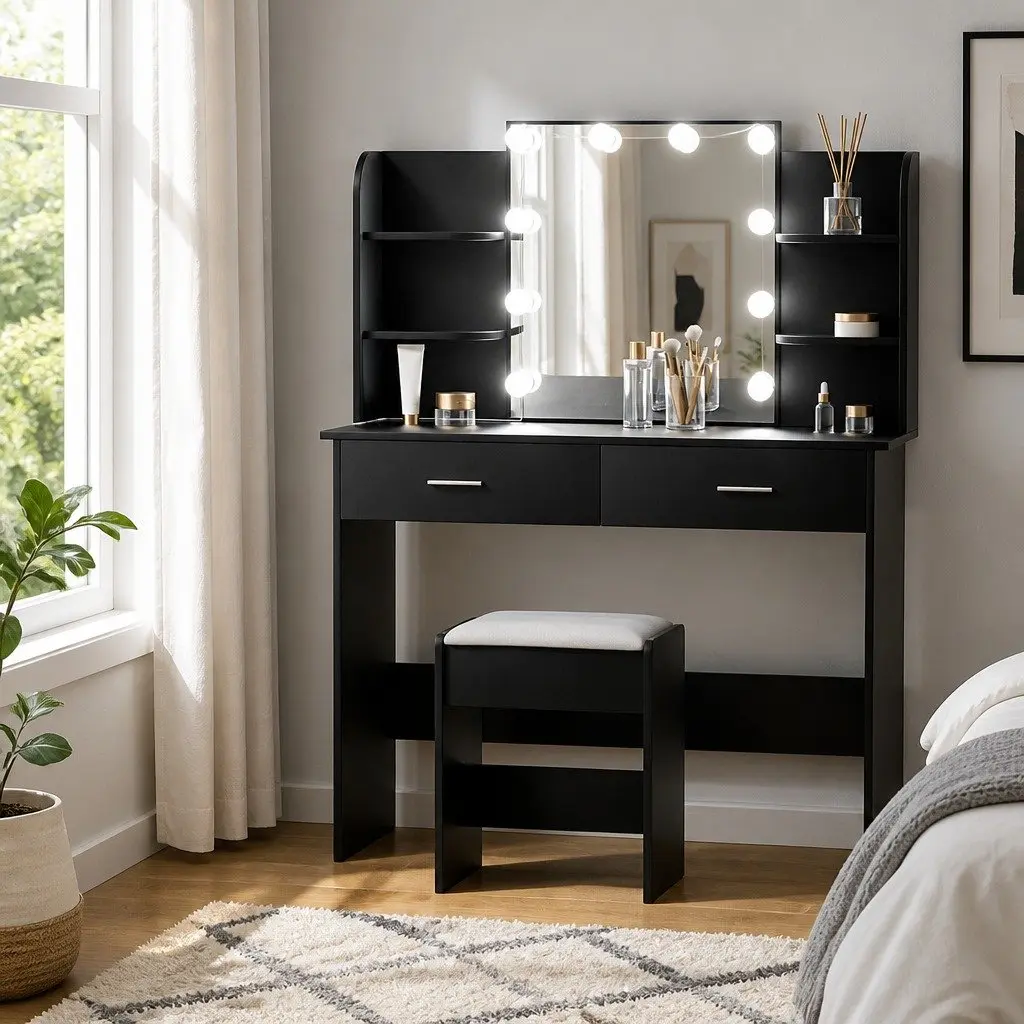 Dressing Table Set Makeup Vanity Hollywood Mirror Black with Stool 10 LED Bulbs