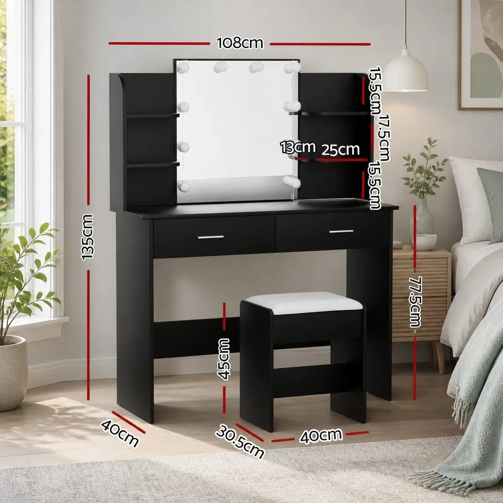 Dressing Table Set Makeup Vanity Hollywood Mirror Black with Stool 10 LED Bulbs