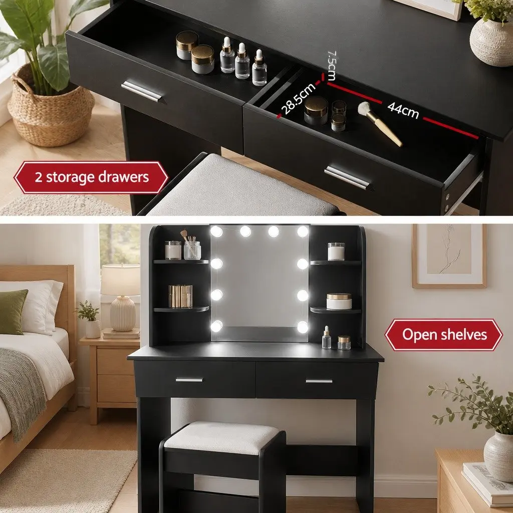 Dressing Table Set Makeup Vanity Hollywood Mirror Black with Stool 10 LED Bulbs