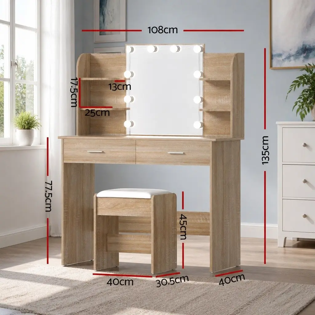 Dressing Table Set Makeup Desk with Stool LED Bulbs Hollywood Vanity Mirror Natural Wood