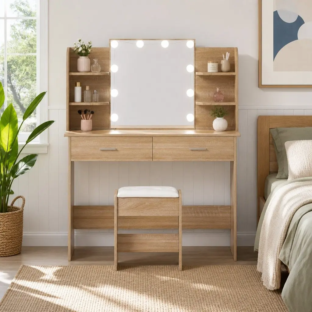 Dressing Table Set Makeup Desk with Stool LED Bulbs Hollywood Vanity Mirror Natural Wood