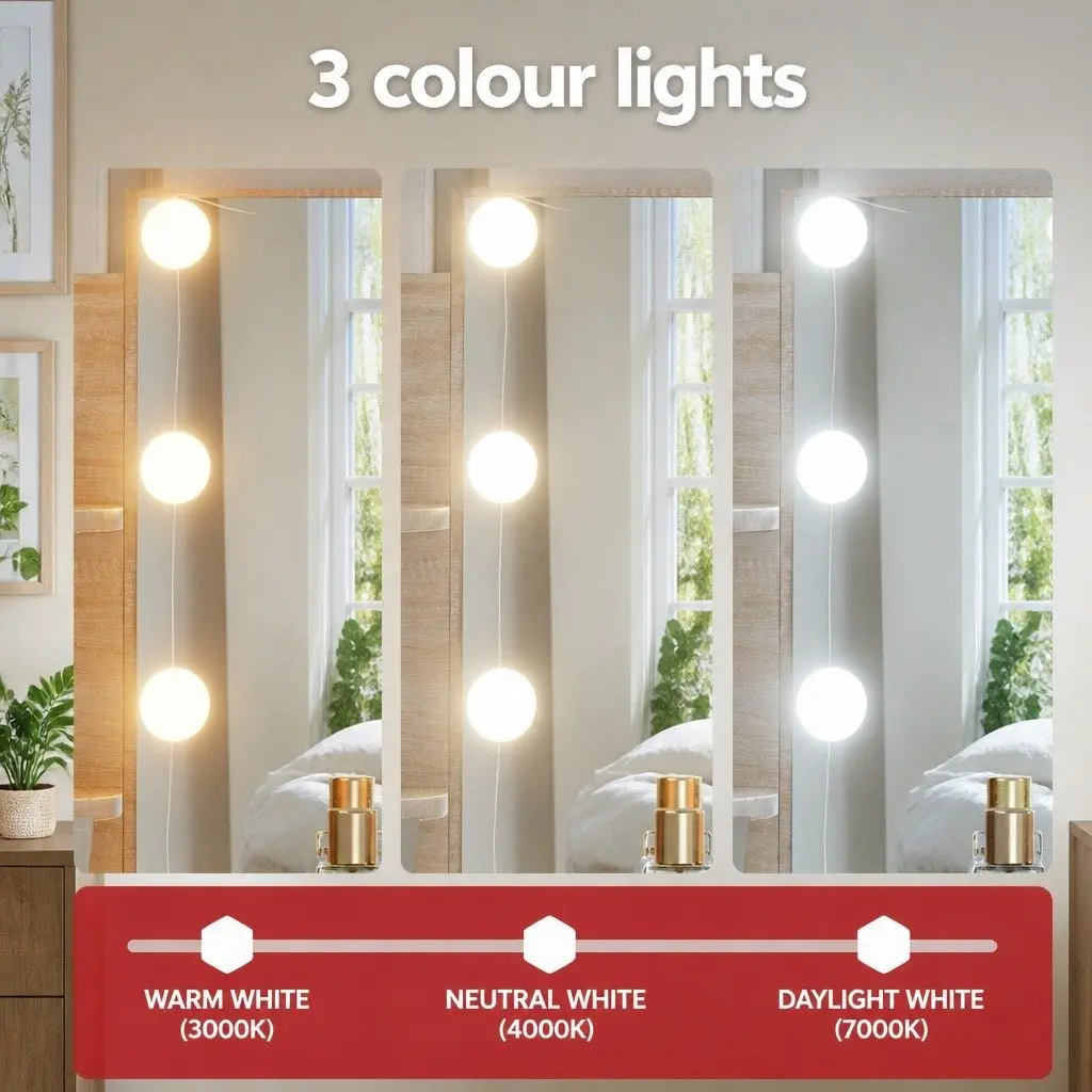 Dressing Table Set Makeup Desk with Stool LED Bulbs Hollywood Vanity Mirror Natural Wood