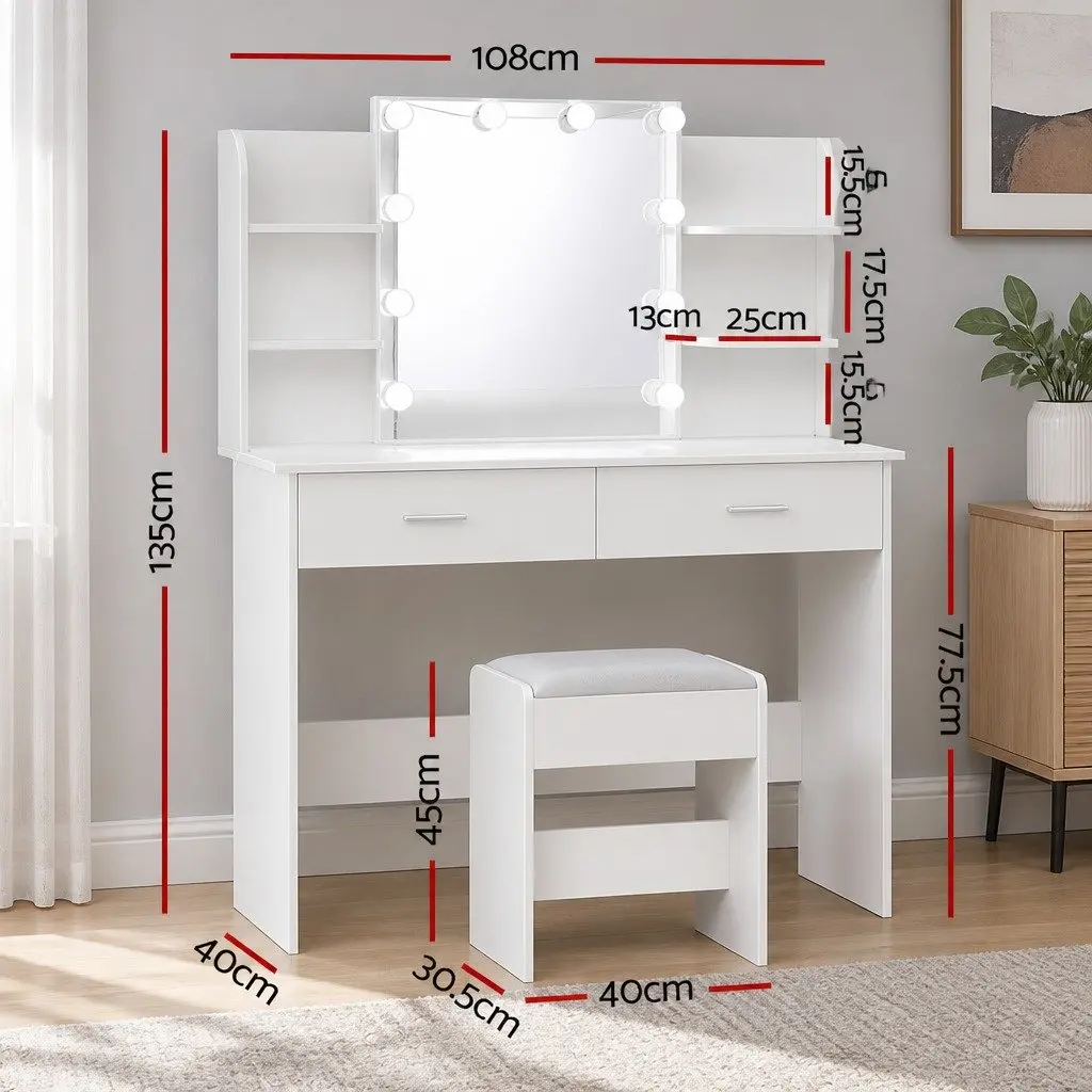 Dressing Table Set LED Mirror Makeup Vanity Desk White with Stool
