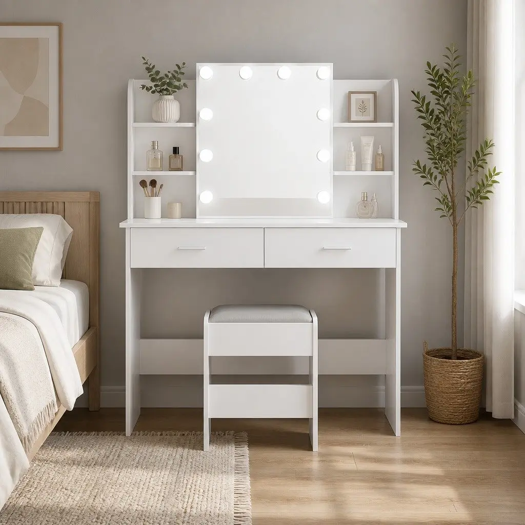 Dressing Table Set LED Mirror Makeup Vanity Desk White with Stool