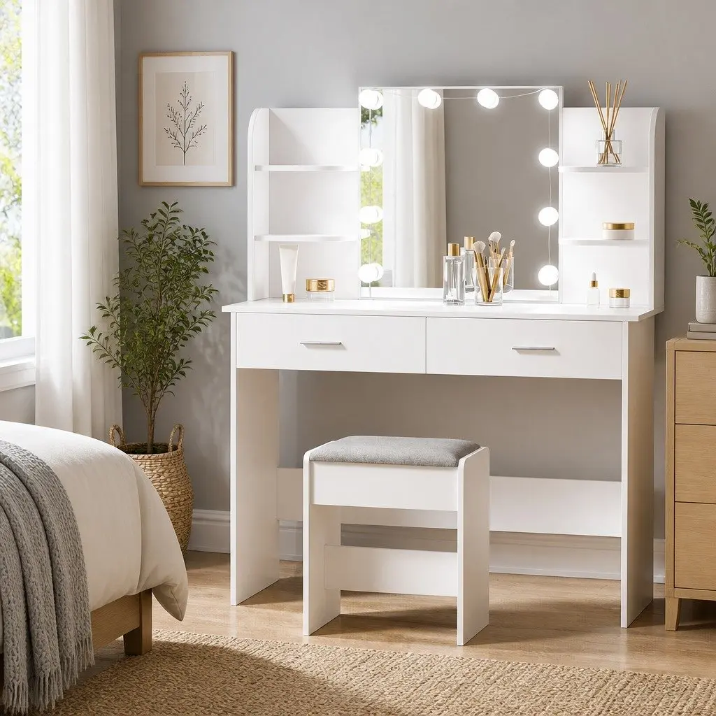 Dressing Table Set LED Mirror Makeup Vanity Desk White with Stool