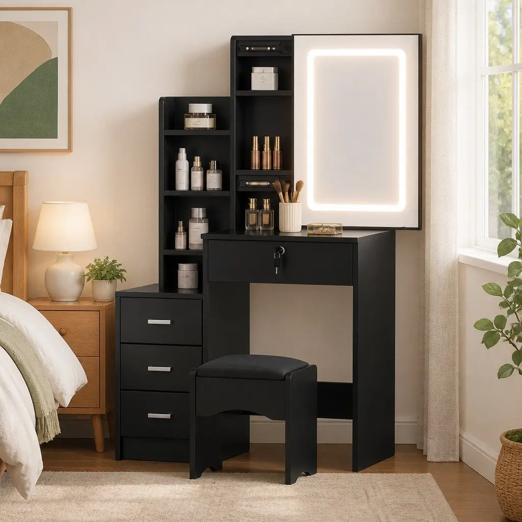 Dressing Table Vanity Desk with LED Lights Mirror Stool Black Bedroom Furniture