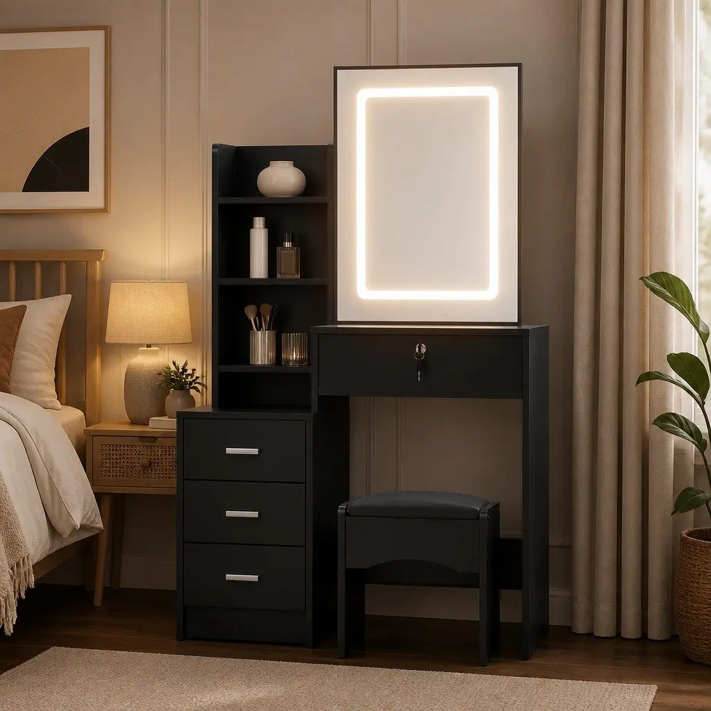 Dressing Table Vanity Desk with LED Lights Black Bedroom Furniture