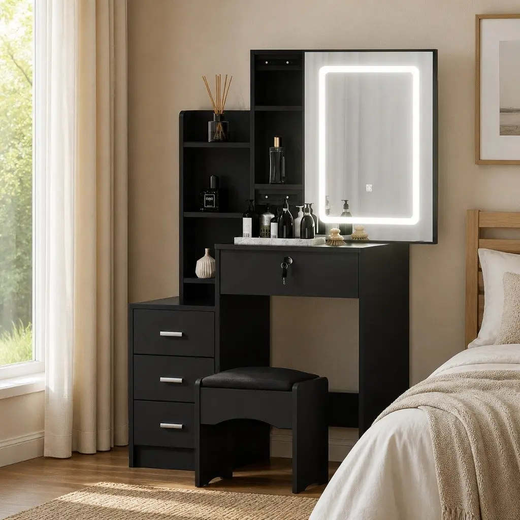 Dressing Table Vanity Desk with LED Lights Black Bedroom Furniture