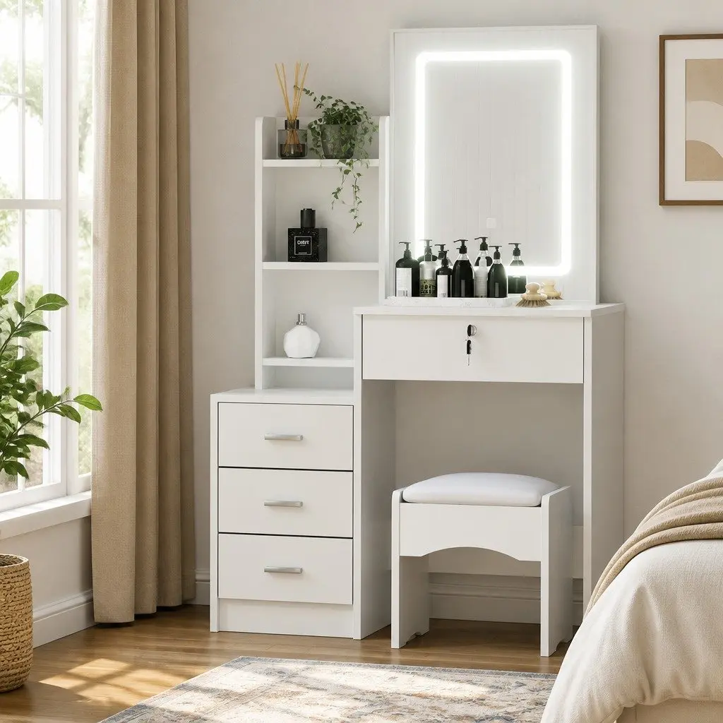 Dressing Table Vanity Desk Set with Stool LED Lights White 80cm W x 36cm D x 131cm H