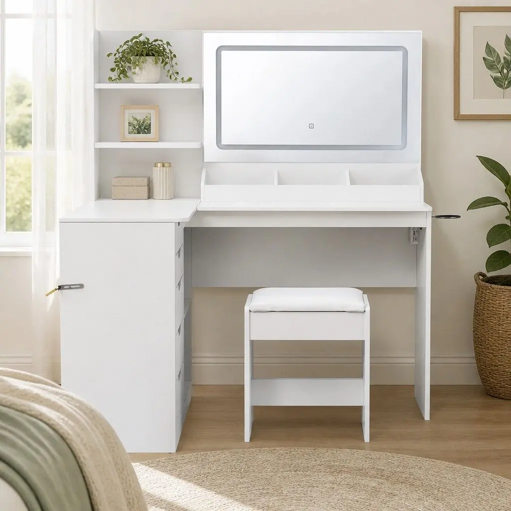 L-Shaped Dressing Table Corner Vanity Desk with LED Mirror Charging Station