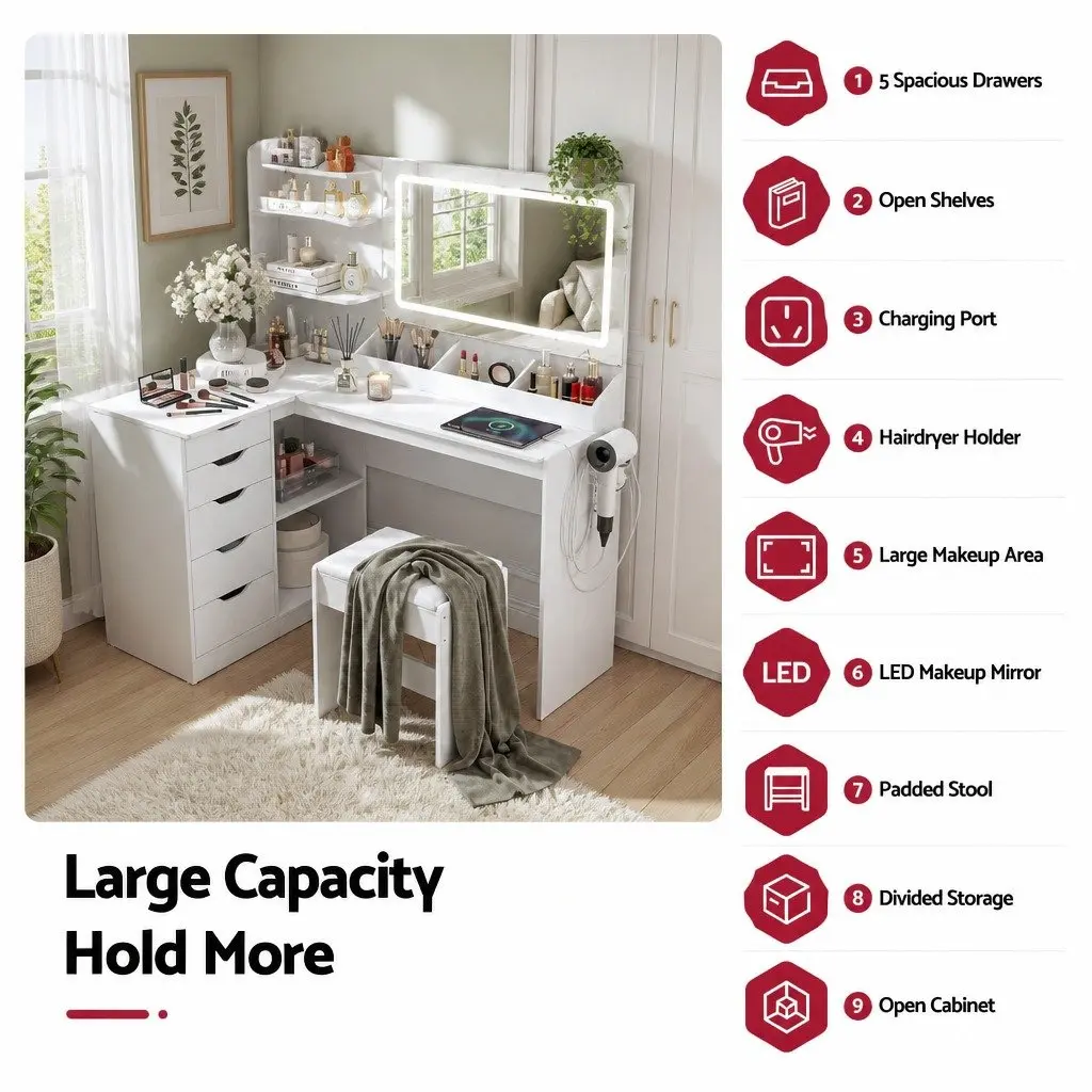 L-Shaped Dressing Table Corner Vanity Desk with LED Mirror Charging Station