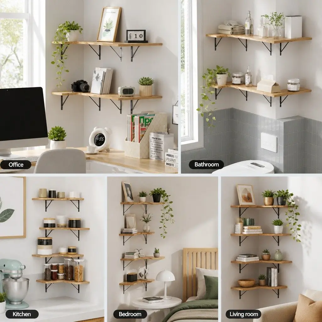 Floating Wall Shelf Corner Shelves Set of 4 Oak Wood Storage Display Organiser