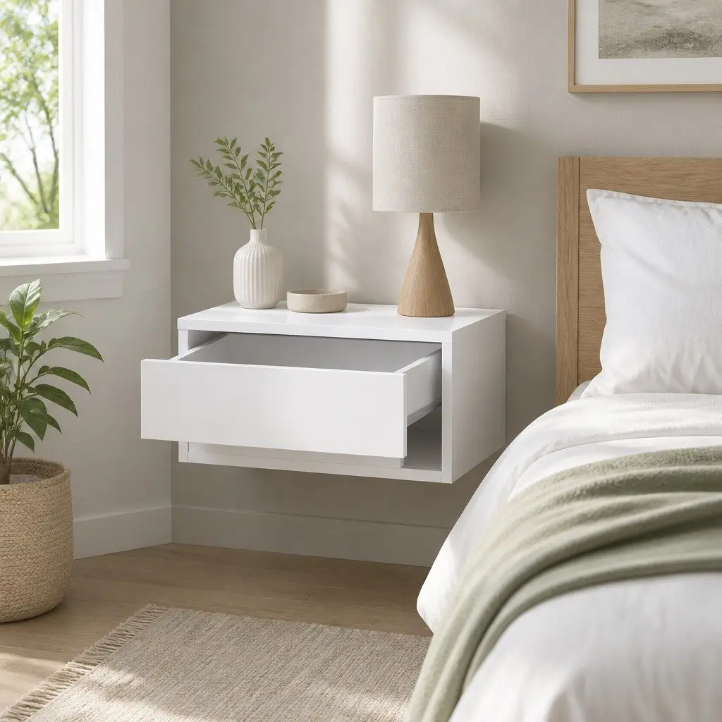 Floating Bedside Table Nightstand with Drawer Open Shelf Storage White 40cm W x 31cm D x 23cm H