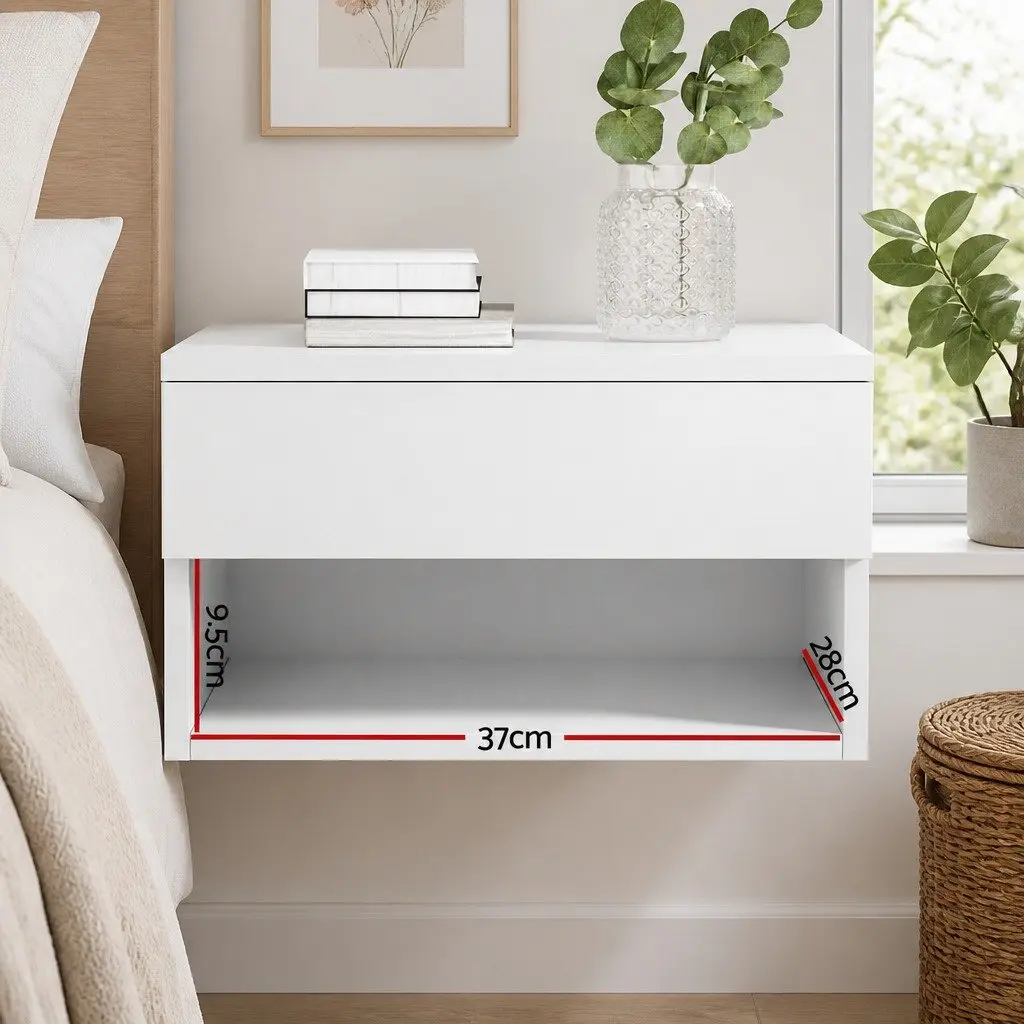 Floating Bedside Table Nightstand with Drawer Open Shelf Storage White 40cm W x 31cm D x 23cm H