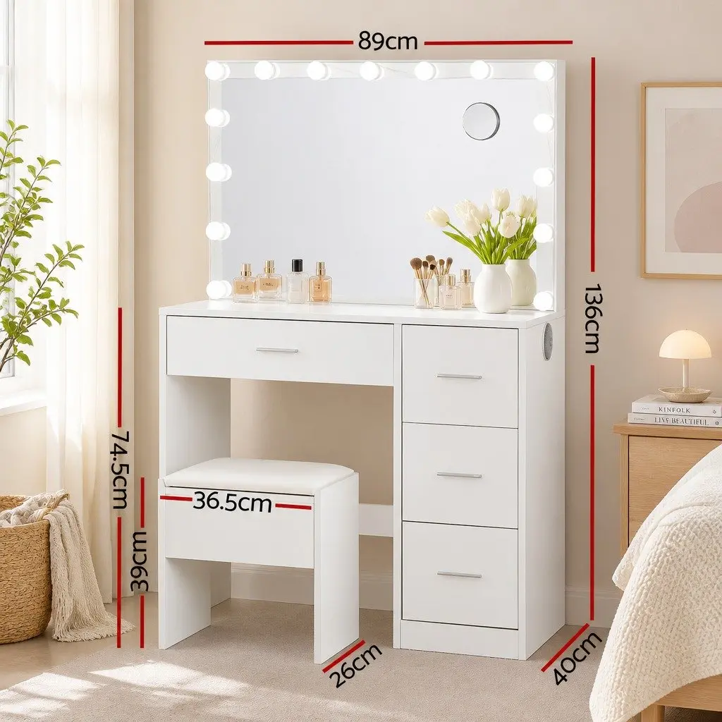 Dressing Table Makeup Vanity Set with LED Mirror and Stool White 89cm x 40cm x 136cm