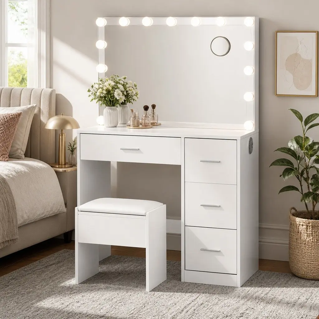 Dressing Table Makeup Vanity Set with LED Mirror and Stool White 89cm x 40cm x 136cm