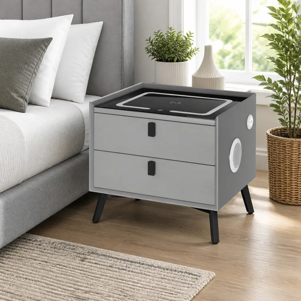 Smart Bedside Table with Wireless Charging Bluetooth Speaker USB Ports Grey
